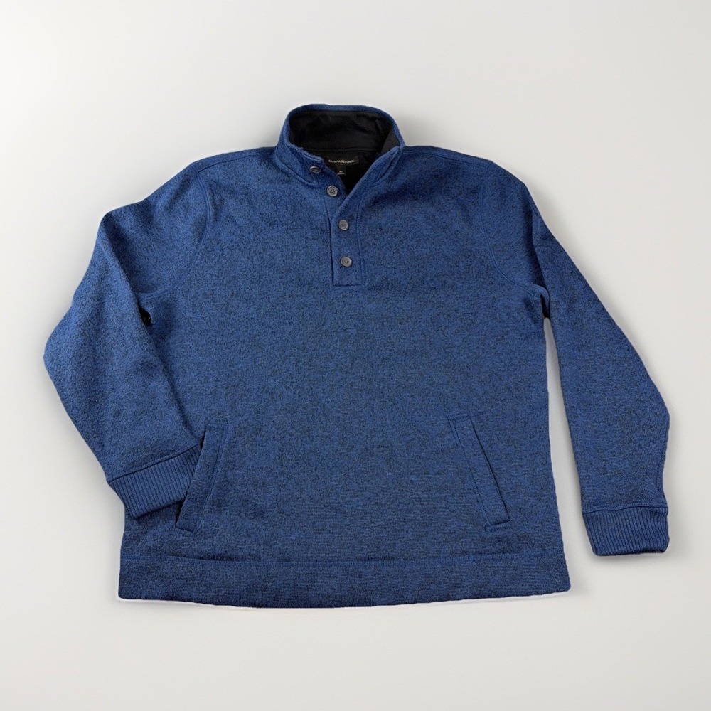 Banana Republic Pullover Mens XL Blue Marled Button Mock Neck Sweater Pockets‎